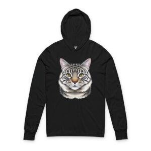Butterfly Garden Cotton Tote Bag Cat Face Hooded Long-Sleeve Tee. Black Cat Face Hooded Long-Sleeve Tee featuring a realistic tabby cat illustration with expressive golden eyes on a soft lightweight cotton hooded shirt for cat lovers and everyday casual wear.