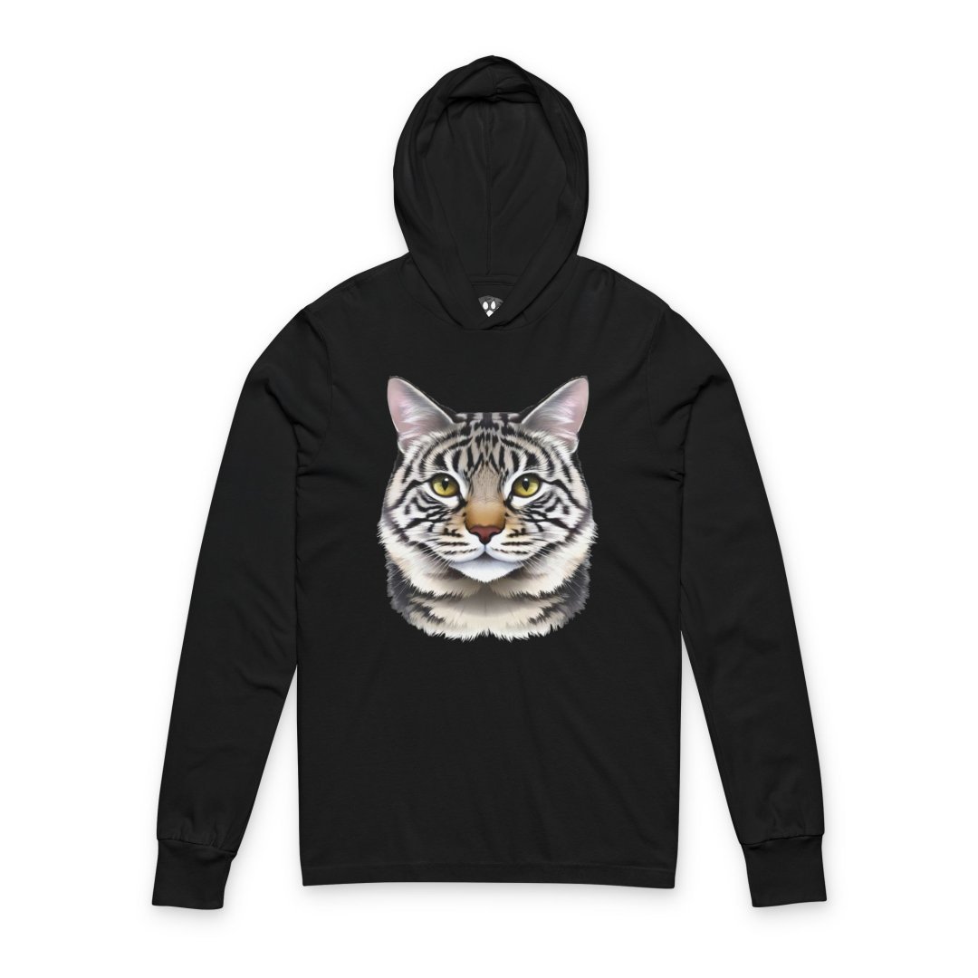 Cat Face Hooded Long-Sleeve Tee. Black Cat Face Hooded Long-Sleeve Tee featuring a realistic tabby cat illustration with expressive golden eyes on a soft lightweight cotton hooded shirt for cat lovers and everyday casual wear.