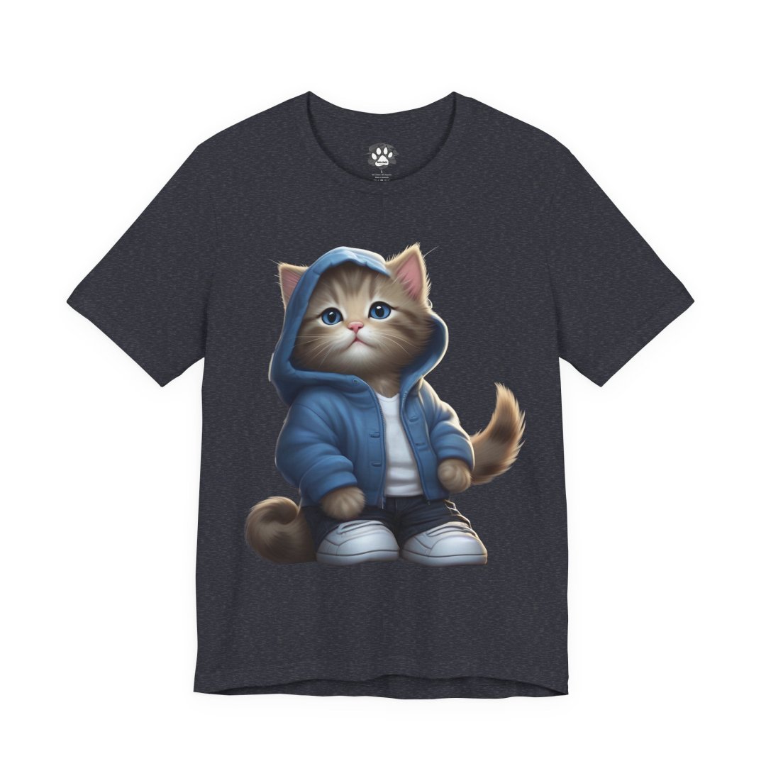 13971573227666764055_2048.jpeg T-shirt with a cute cat wearing a blue hoodie and sneakers.
