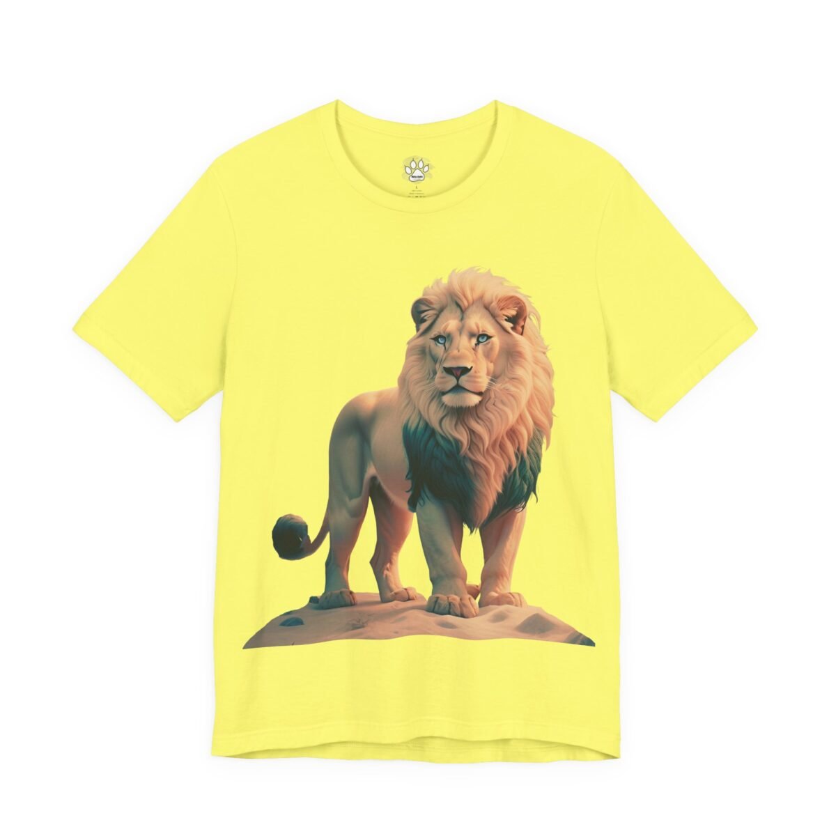14034732758631101748_2048-1.jpeg A bright yellow t-shirt displaying a proud lion with a light mane and dark beard, standing on sand.