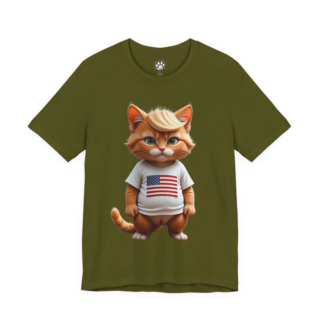 Patriotic Kitty Graphic Tee. Olive green T-shirt with cartoon cat in American flag shirt.