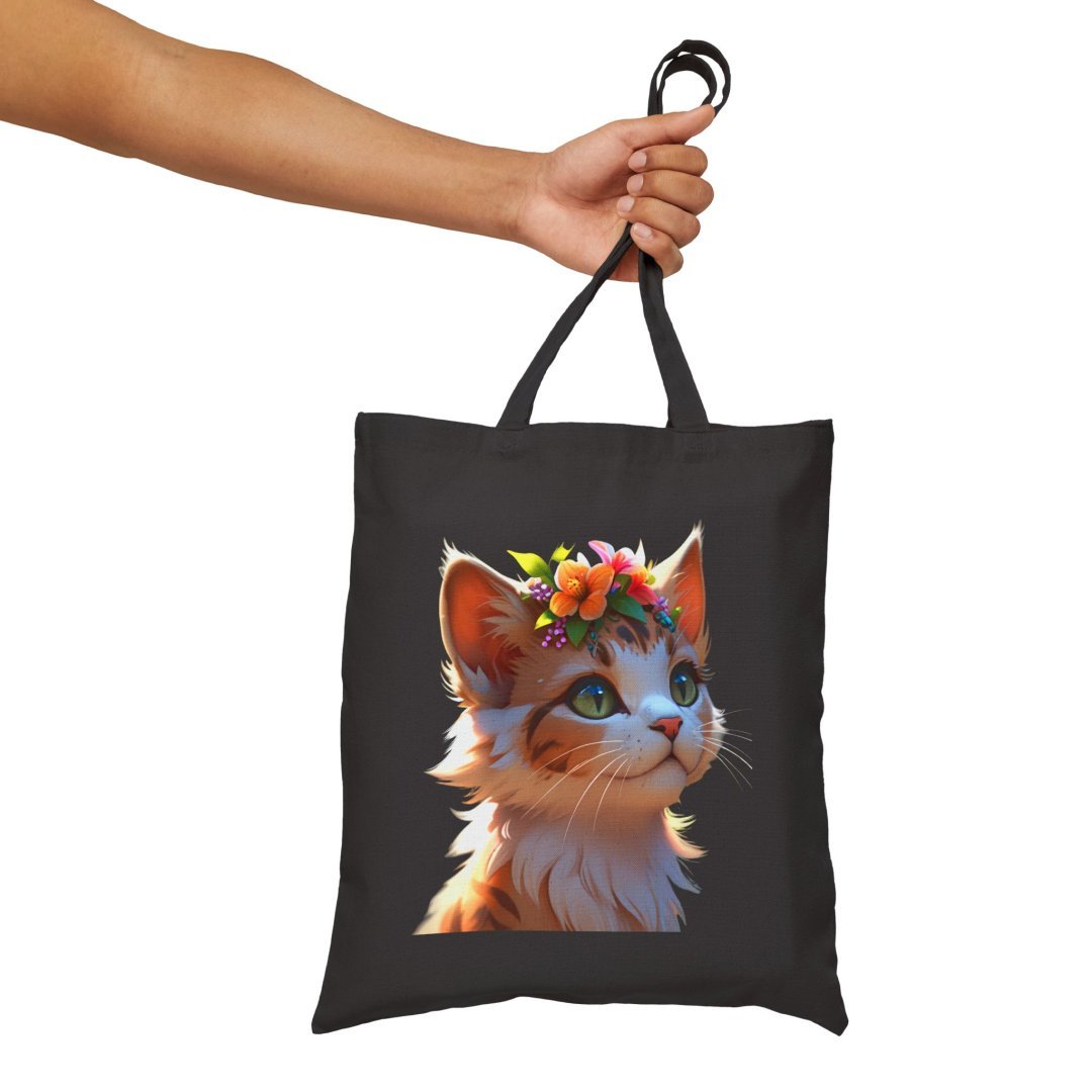 14179806702242253465_2048.jpeg Tote bag with a cute cat illustration wearing a flower crown.