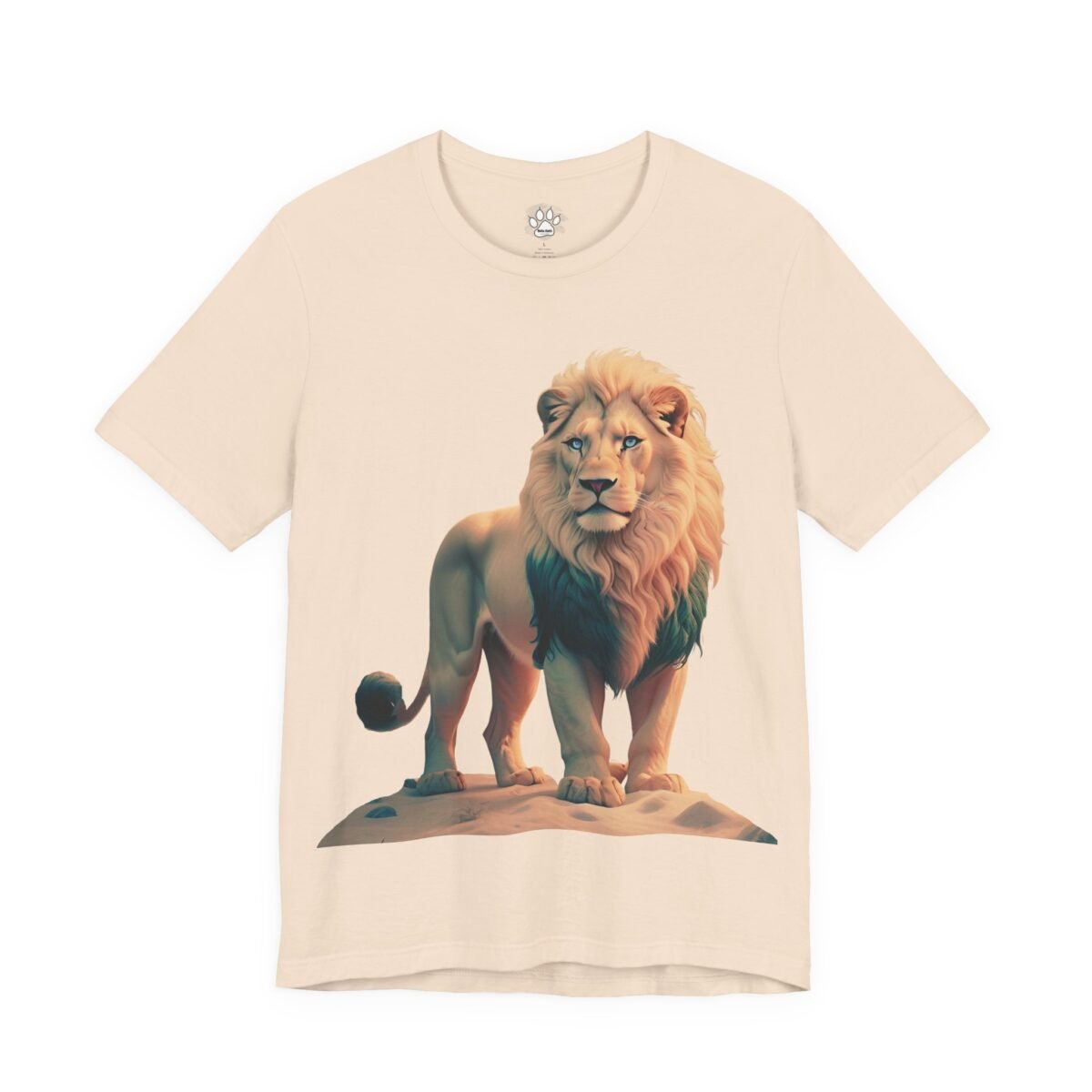 14208307402770407590_2048-1.jpeg Light beige t-shirt featuring an illustrated blonde-maned lion with blue eyes and a dark teal lower mane, standing on sand.