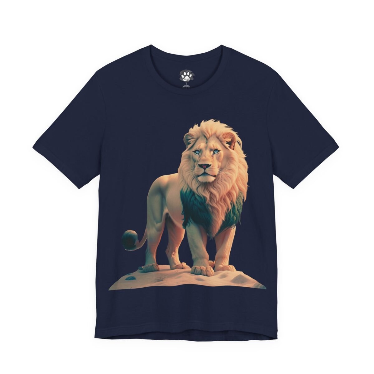 14219796763286655409_2048-1.jpeg Dark blue t-shirt with a graphic of a pale lion with blue eyes and a teal-green mane section, standing on sand.