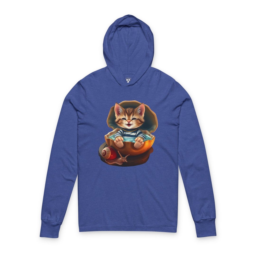 Kitten In A Clamshell Graphic Hooded Long-Sleeve Tee. Blue hoodie featuring a cute kitten in a teacup design.