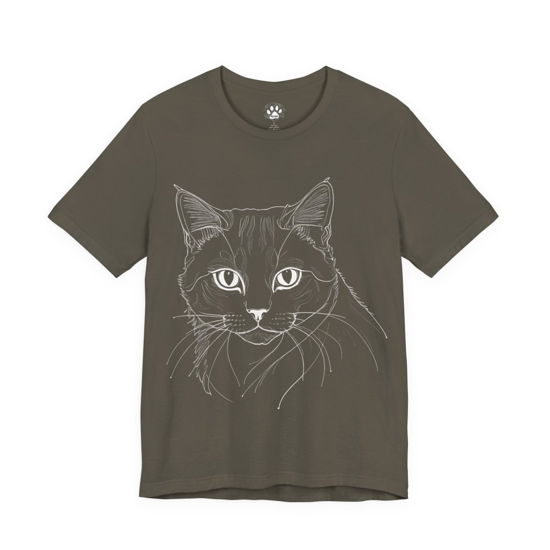 14249478482772827403_2048.jpeg Olive green t-shirt with a white line drawing of a cat's face.