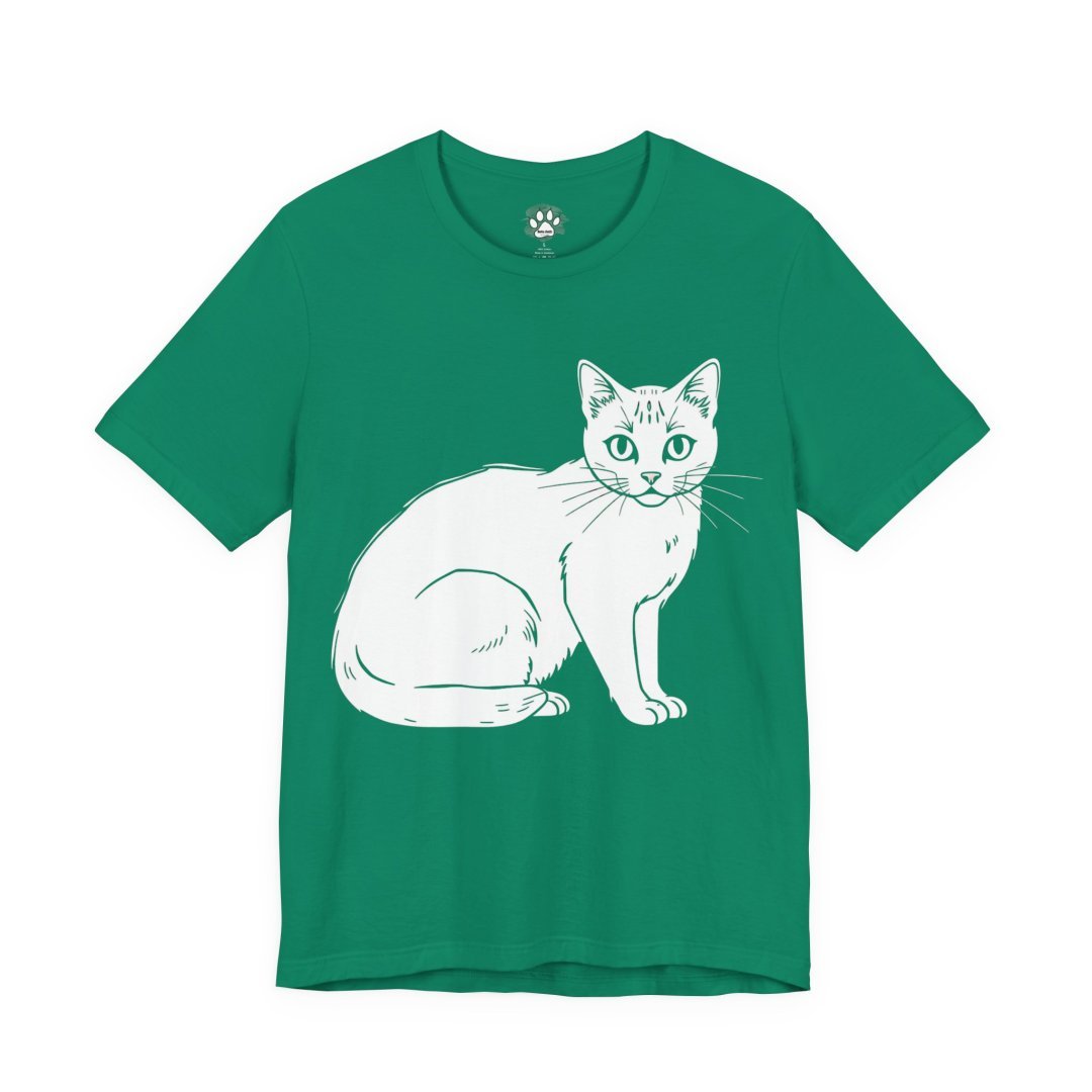 14376772737923446578_2048.jpeg Green t-shirt with a white cat illustration.