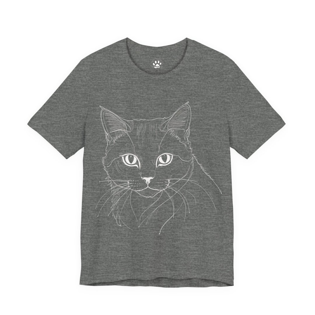 143792358895168868_2048.jpeg Gray t-shirt with a white line drawing of a cat's face.