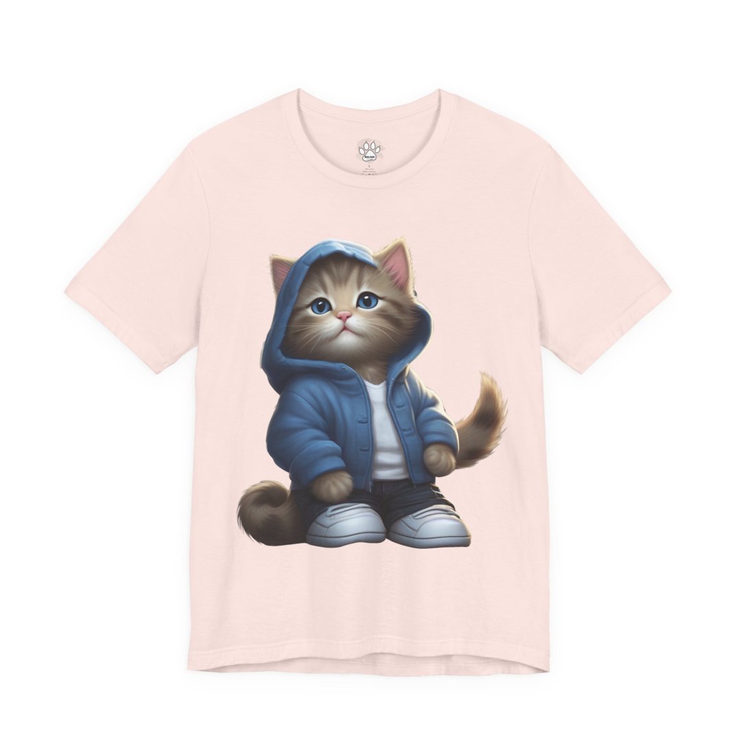 14410427720148920199_2048.jpeg T-shirt with a cute cat wearing a blue hoodie and sneakers.