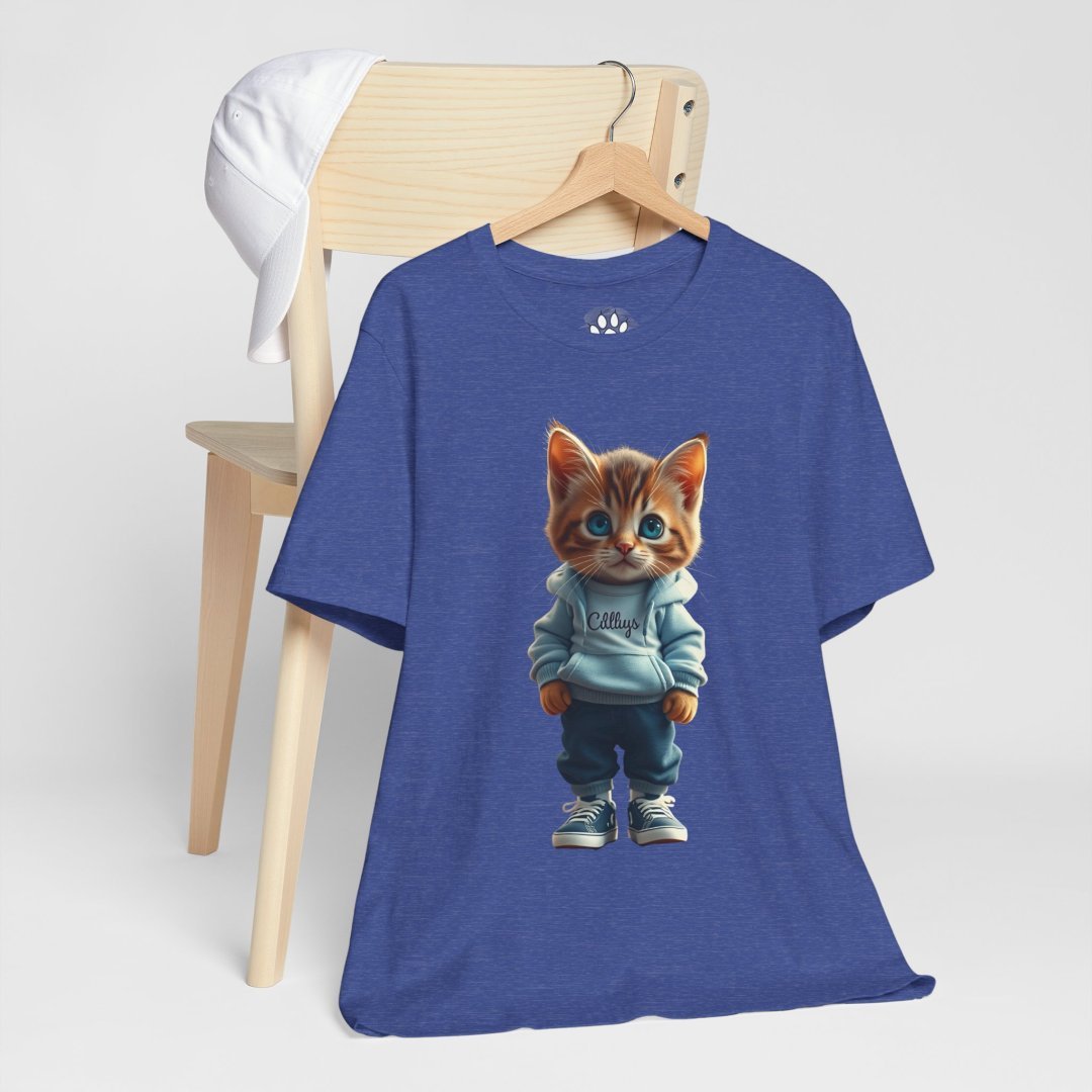 14428444108454014362_2048.jpeg Blue t-shirt with a cute kitten in a hoodie design, hanging on a chair.