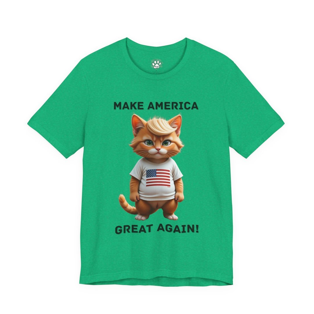 14521799447134440112_2048.jpeg Green t-shirt with a cartoon cat wearing a USA shirt and text 'Make America Great Again'.