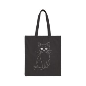 Snowboarding Cat Canvas Tote Bag Minimalist Cat Cotton Canvas Tote Bag. Black tote bag with a white line drawing of a cat.