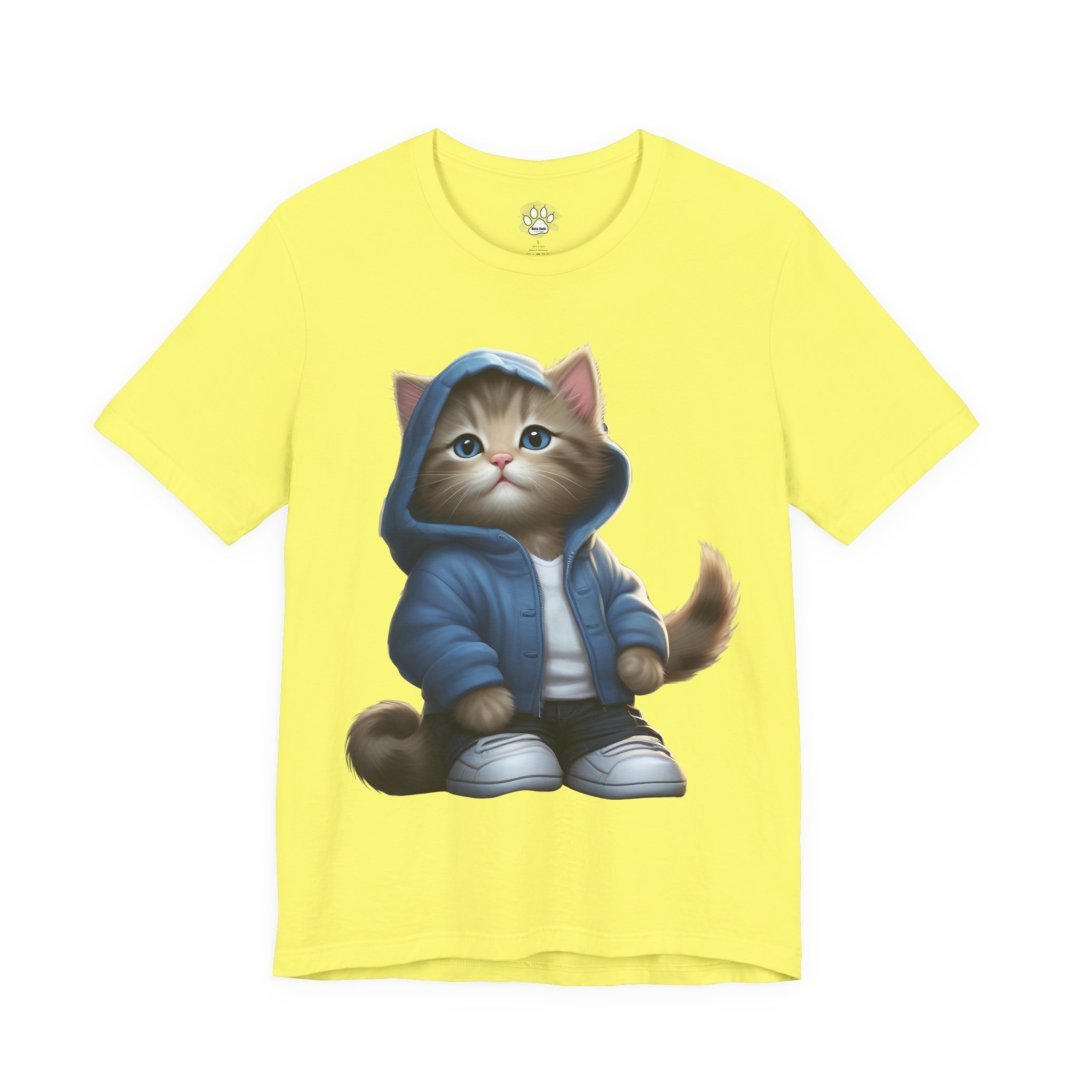 14607509122917584683_2048.jpeg Yellow t-shirt with a cute cat in a blue hoodie and sneakers.