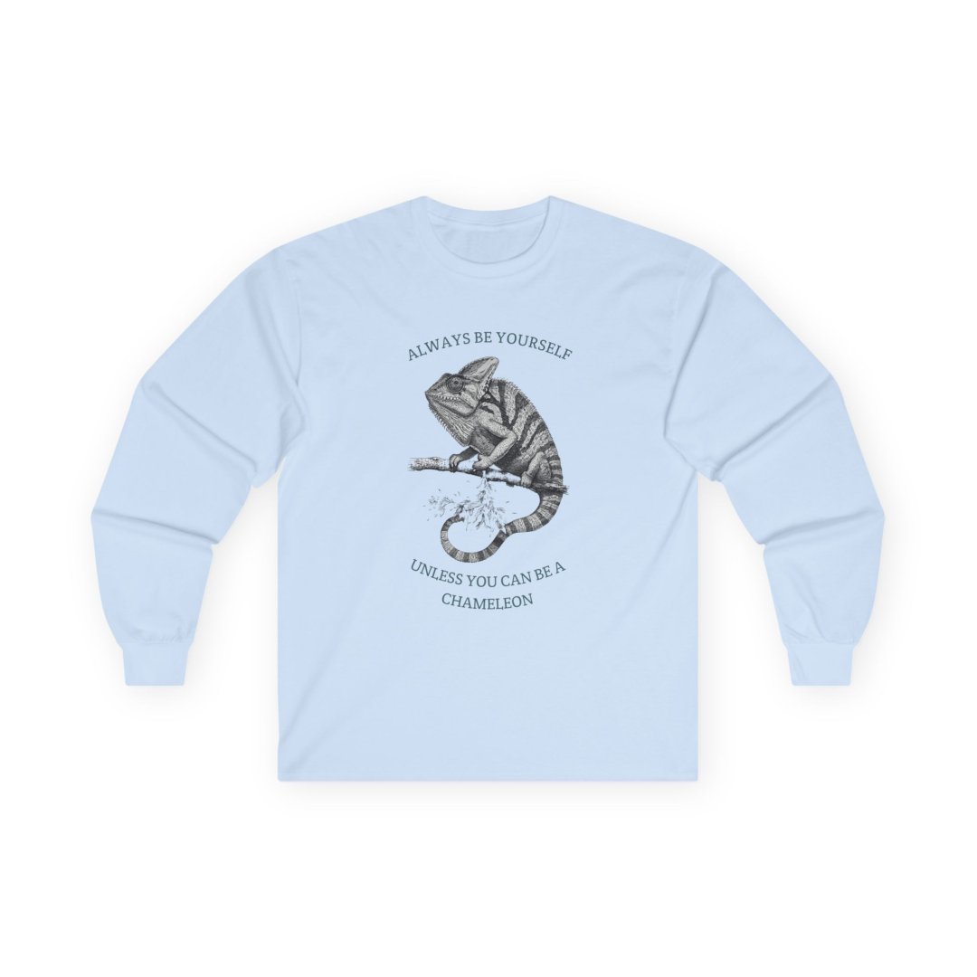 14672624505302952105_2048.jpeg Light blue long-sleeve shirt with chameleon graphic and text.