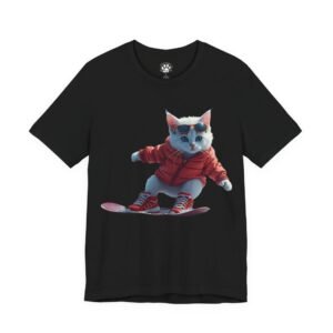 Patriotic Humor Kitty T-Shirt Snowboarding Kitty Graphic Tee. T-shirt with a cute cat in a red jacket skateboarding.