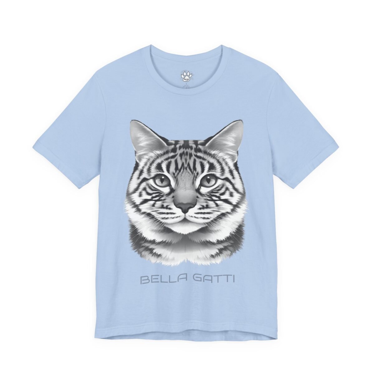 1487166963074430811_2048.jpeg Light blue t-shirt with a monochrome striped cat face graphic and "BELLA GATTI" written below.