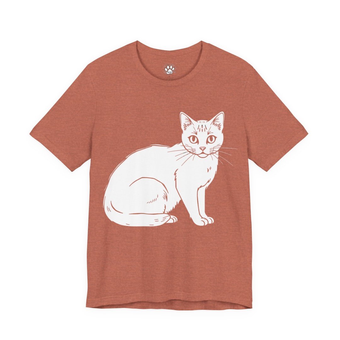 14964252042100389402_2048.jpeg Rust-colored t-shirt with a white cat illustration.