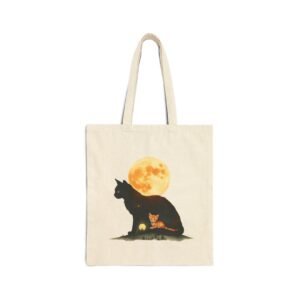 Moonlit Cats Cotton Canvas Tote Bag. Tote bag with a black cat and kitten under a full moon design.