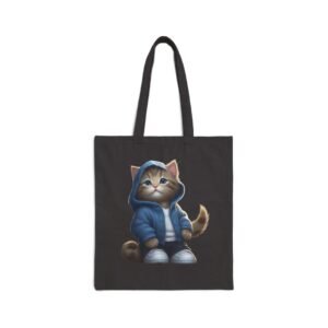 Cute Shell Kitten Cotton Canvas Tote Bag Blue Hoodie Kitty Tote Bag. Cute cat in a blue hoodie on a black tote bag.