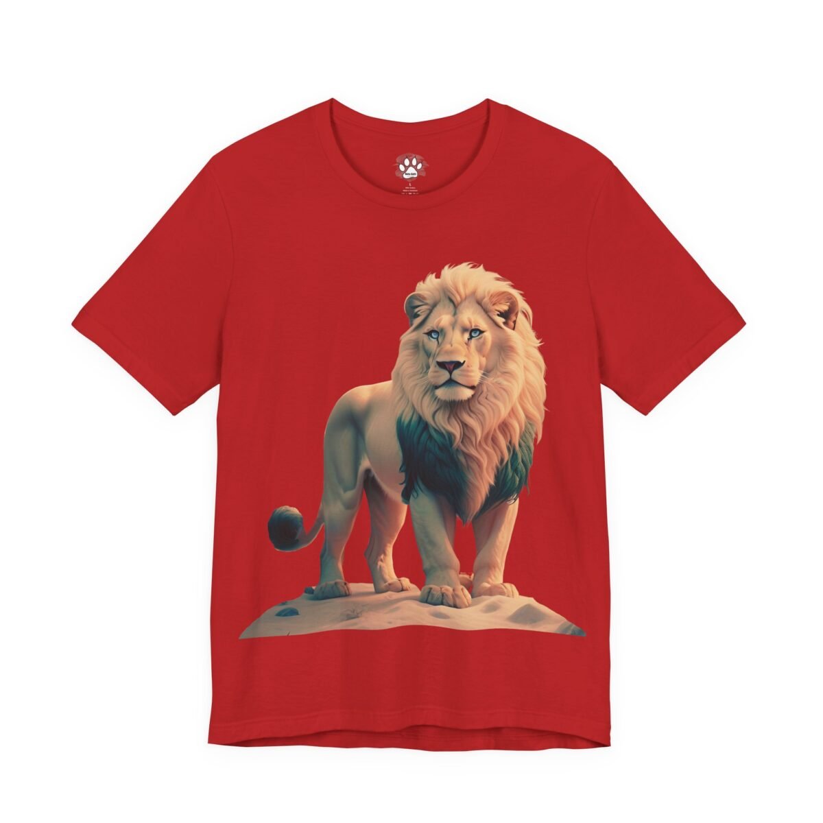 15055802336536861578_2048-1.jpeg Red t-shirt with a majestic white lion, blue eyes, and teal-tipped mane.
