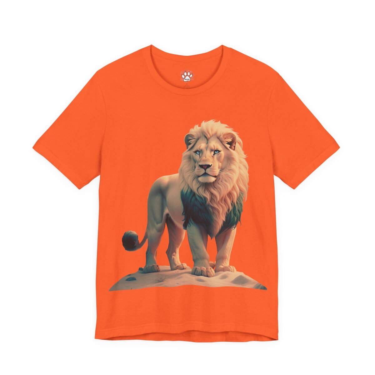 15488847183187622310_2048-1.jpeg Orange t-shirt featuring a pale lion with blue eyes and a dark teal lower mane.