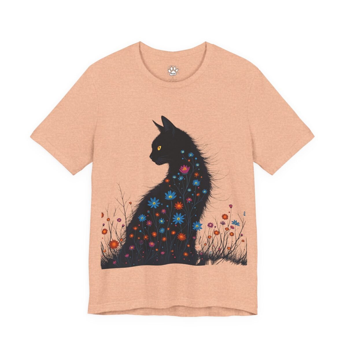 15581730389323482735_2048.jpeg Light peach t-shirt with a black cat silhouette composed of colorful wildflowers.