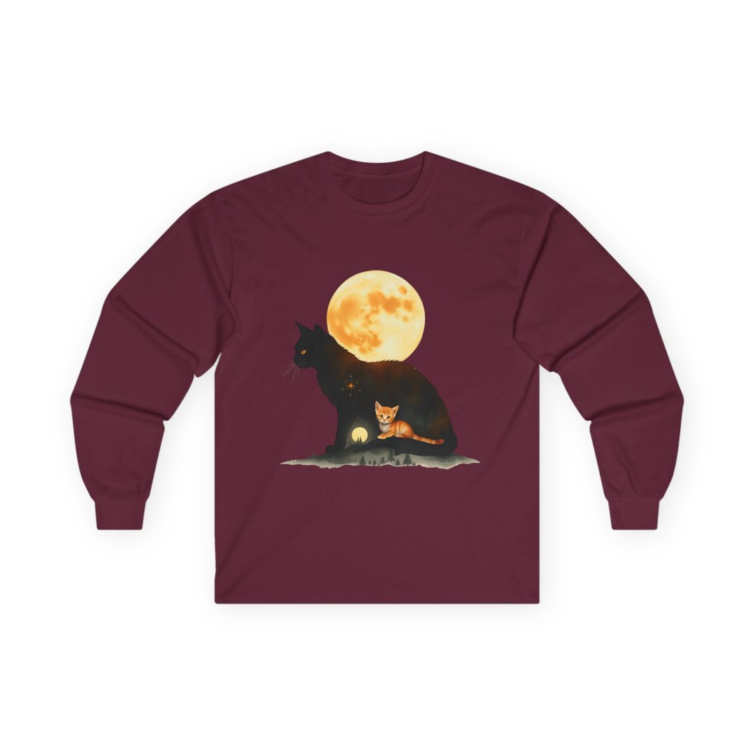 15590702598491087650_2048.jpeg Maroon long-sleeve shirt with black cat and orange kitten design under a full moon.