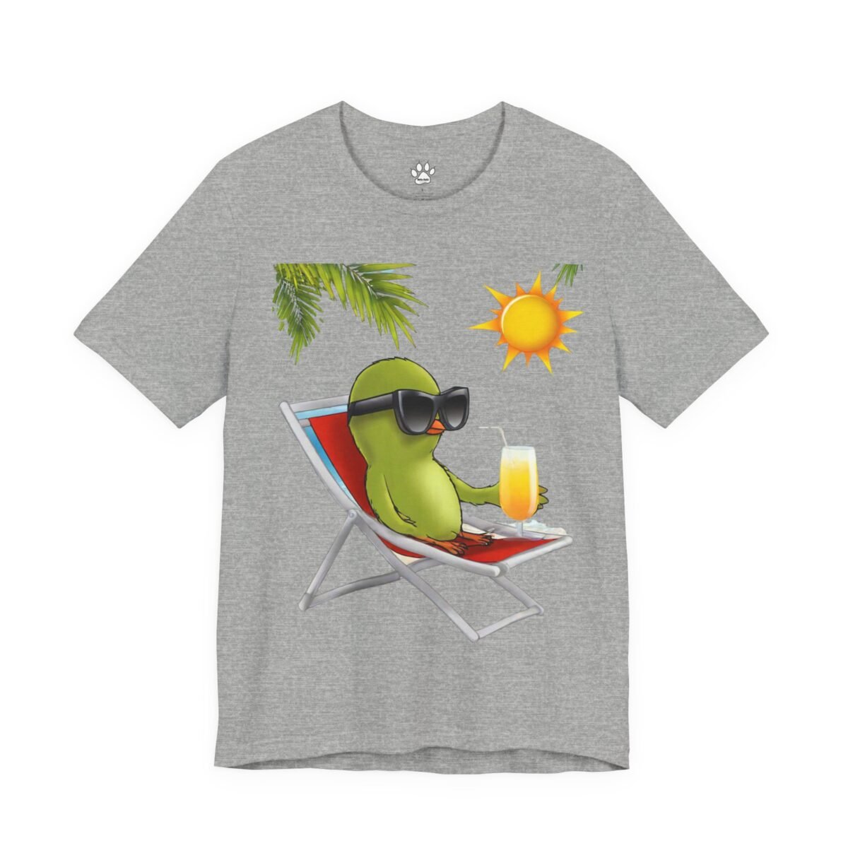 15915421709381311752_2048.jpeg Grey t-shirt with a green bird in sunglasses lounging in a beach chair with a drink, under palm leaves and sun.