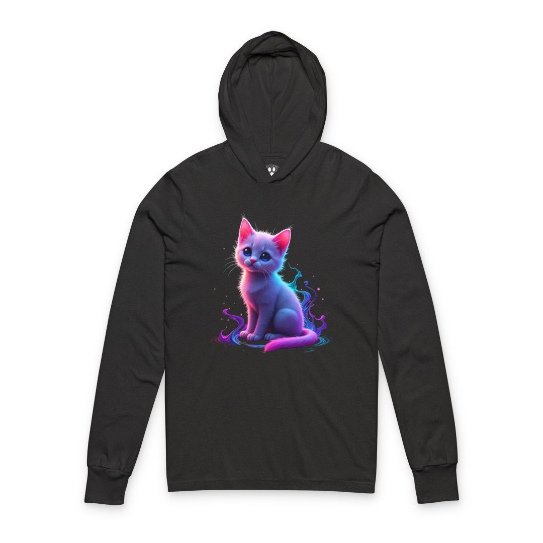 1593639953998890115_2048.jpeg Black hooded long-sleeve shirt with a glowing neon kitten graphic.