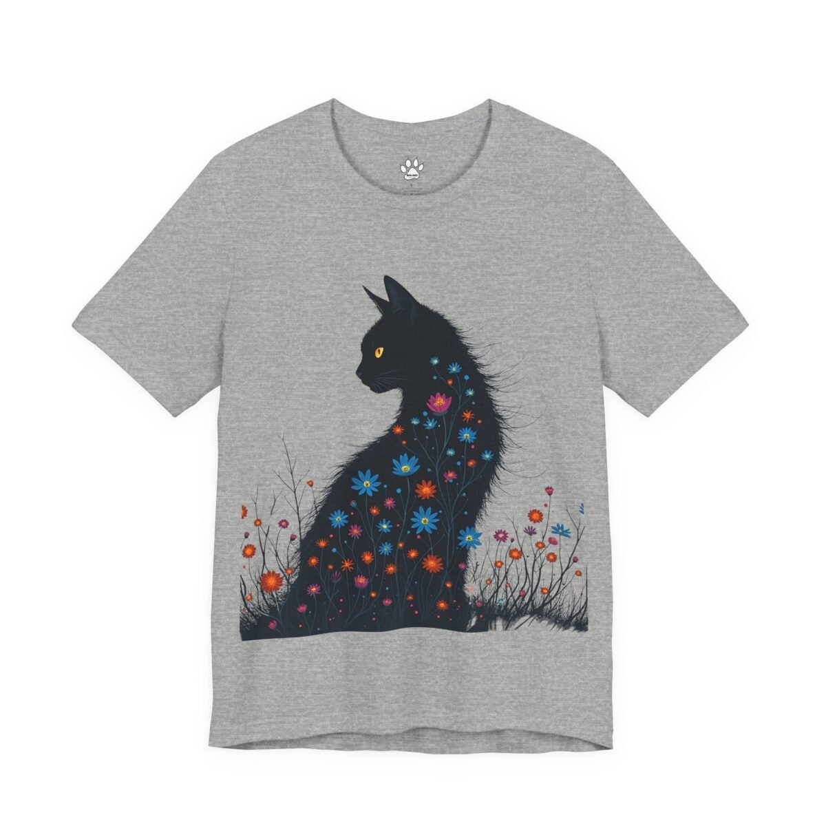 16195637701871868182_2048.jpeg Grey t-shirt featuring a black cat with colorful flowers blooming across its body.