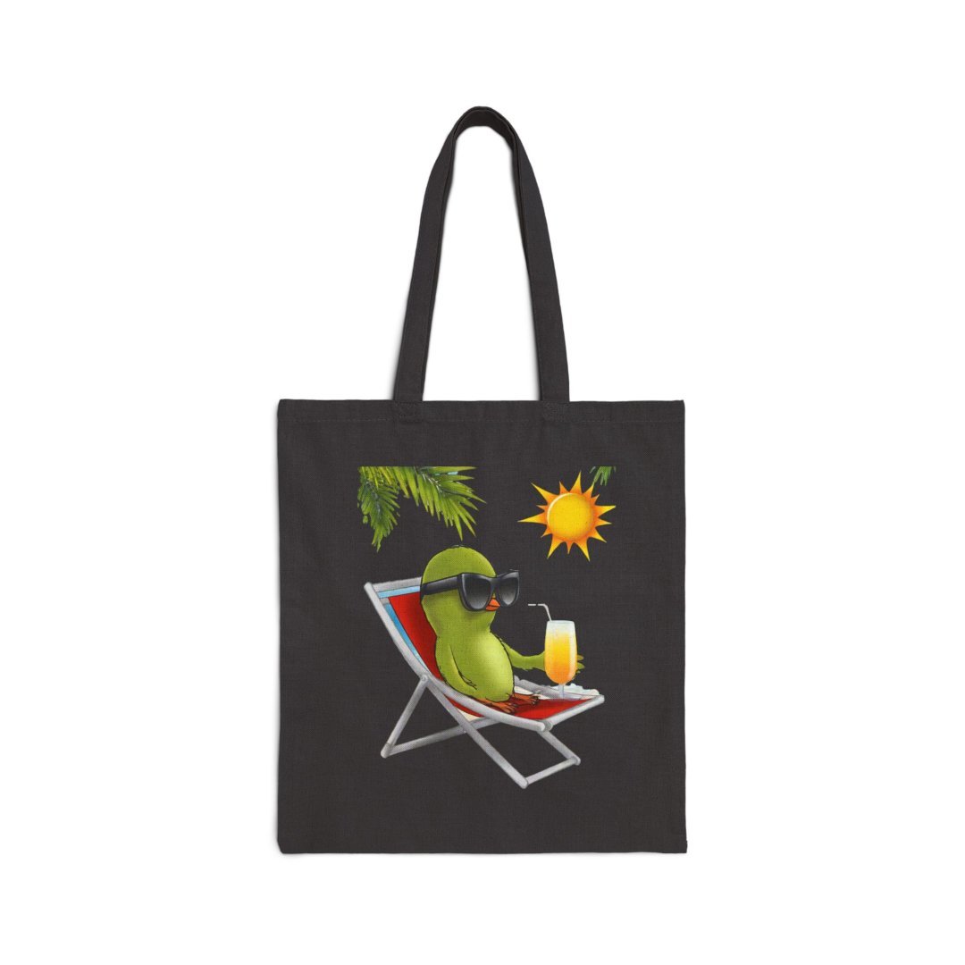 Summer Vibes Birdie Cotton Tote Bag. Tote bag with a cartoon avocado lounging on a chair under the sun.