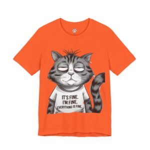 Orange t-shirt featuring an exhausted cartoon cat wearing a shirt that reads It’s Fine. I’m Fine. Everything Is Fine Graphic Tee