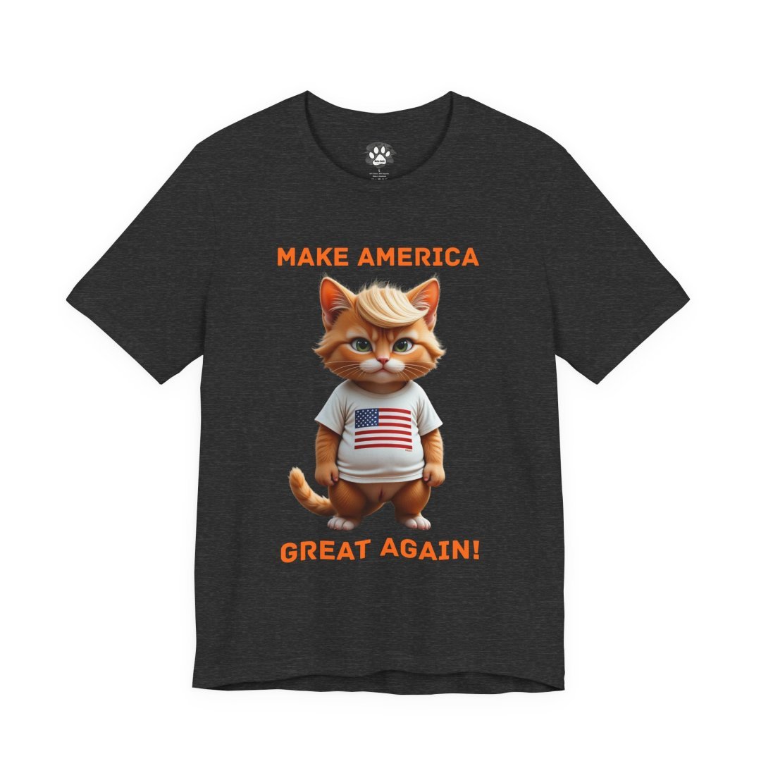 16278538144758247210_2048.jpeg T-shirt with a cartoon cat wearing an American flag shirt.