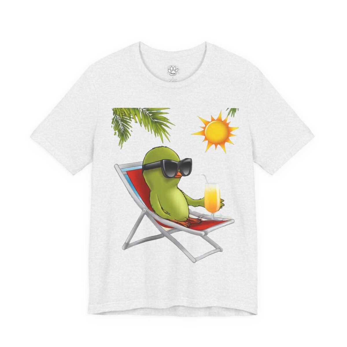 16427670299918030249_2048.jpeg Light gray t-shirt featuring a green cartoon chick in sunglasses relaxing in a red lounge chair with a drink, under palm
