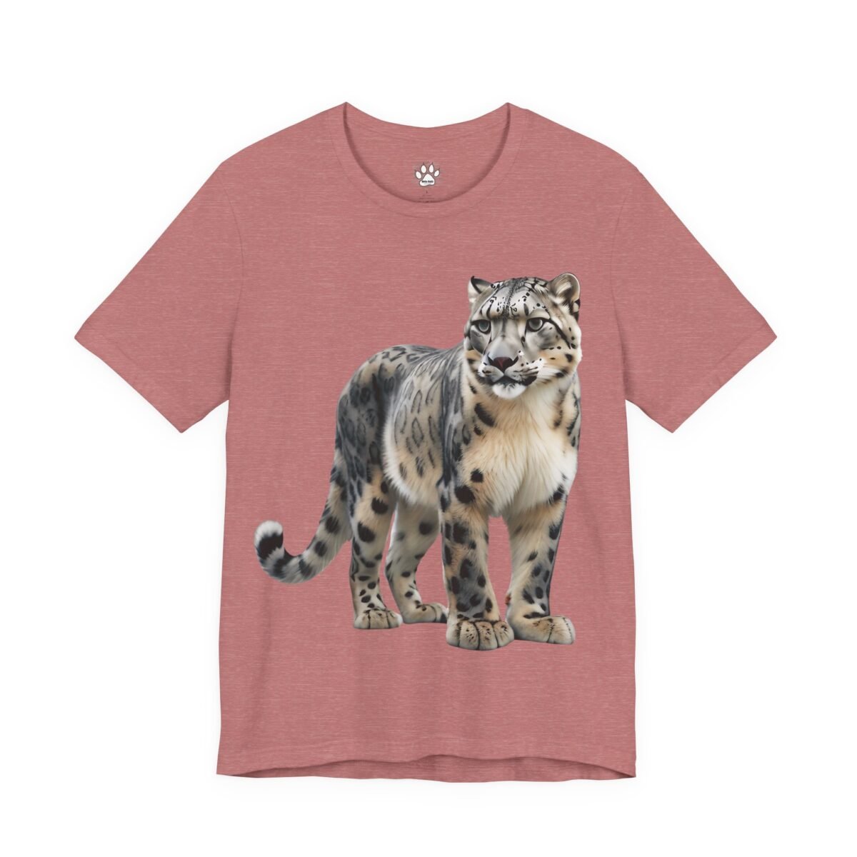 16435149137486730105_2048.jpeg Heather pink t-shirt featuring a standing snow leopard.