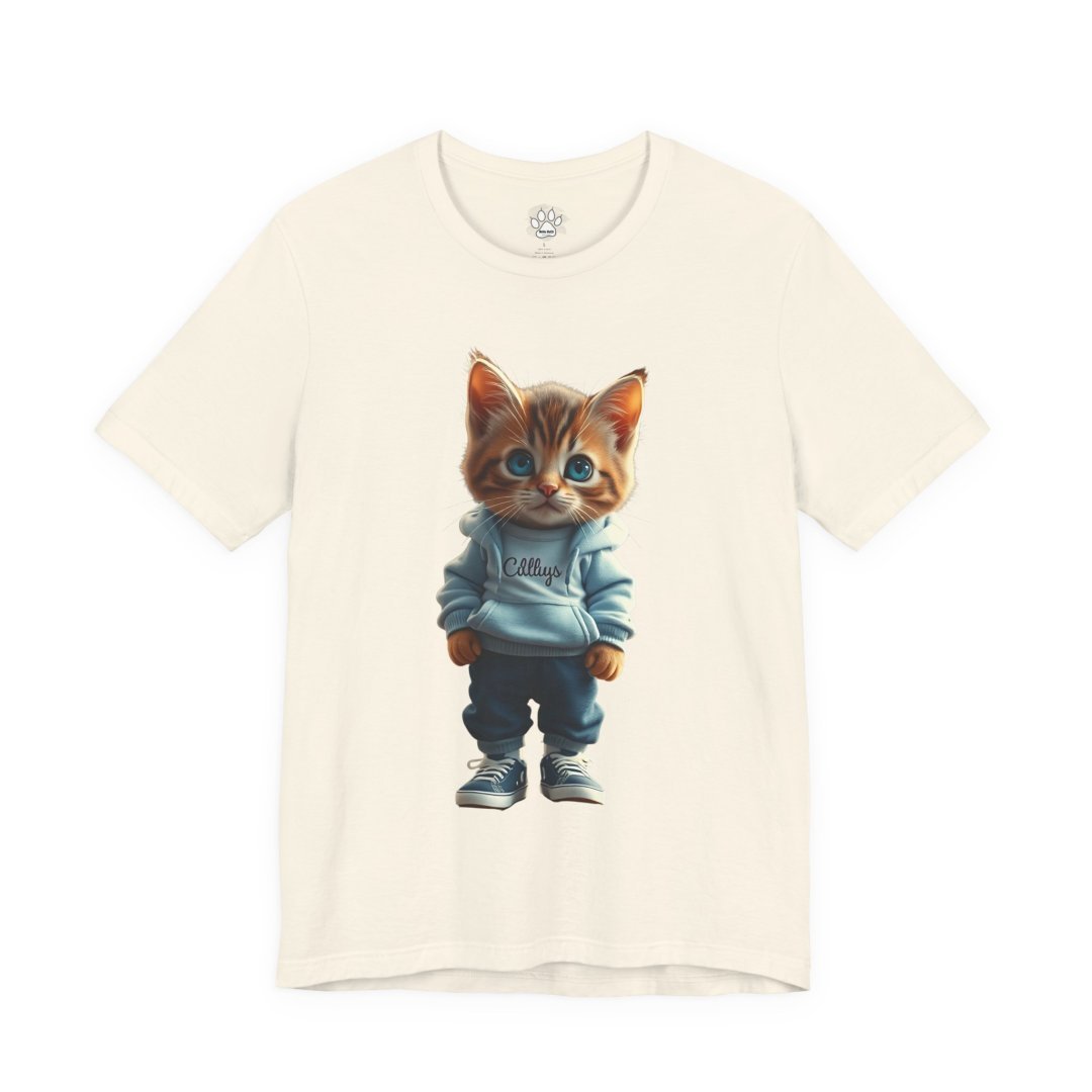 16657776294181564804_2048.jpeg T-shirt with a cute kitten wearing a hoodie and sneakers.