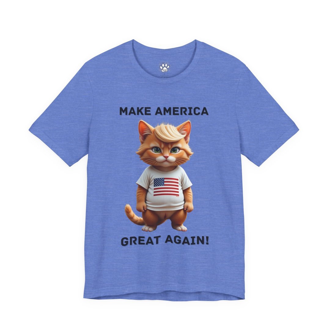 16685516282748087855_2048.jpeg Blue t-shirt with a cartoon cat wearing a USA flag shirt and text 'Make America Great Again'.