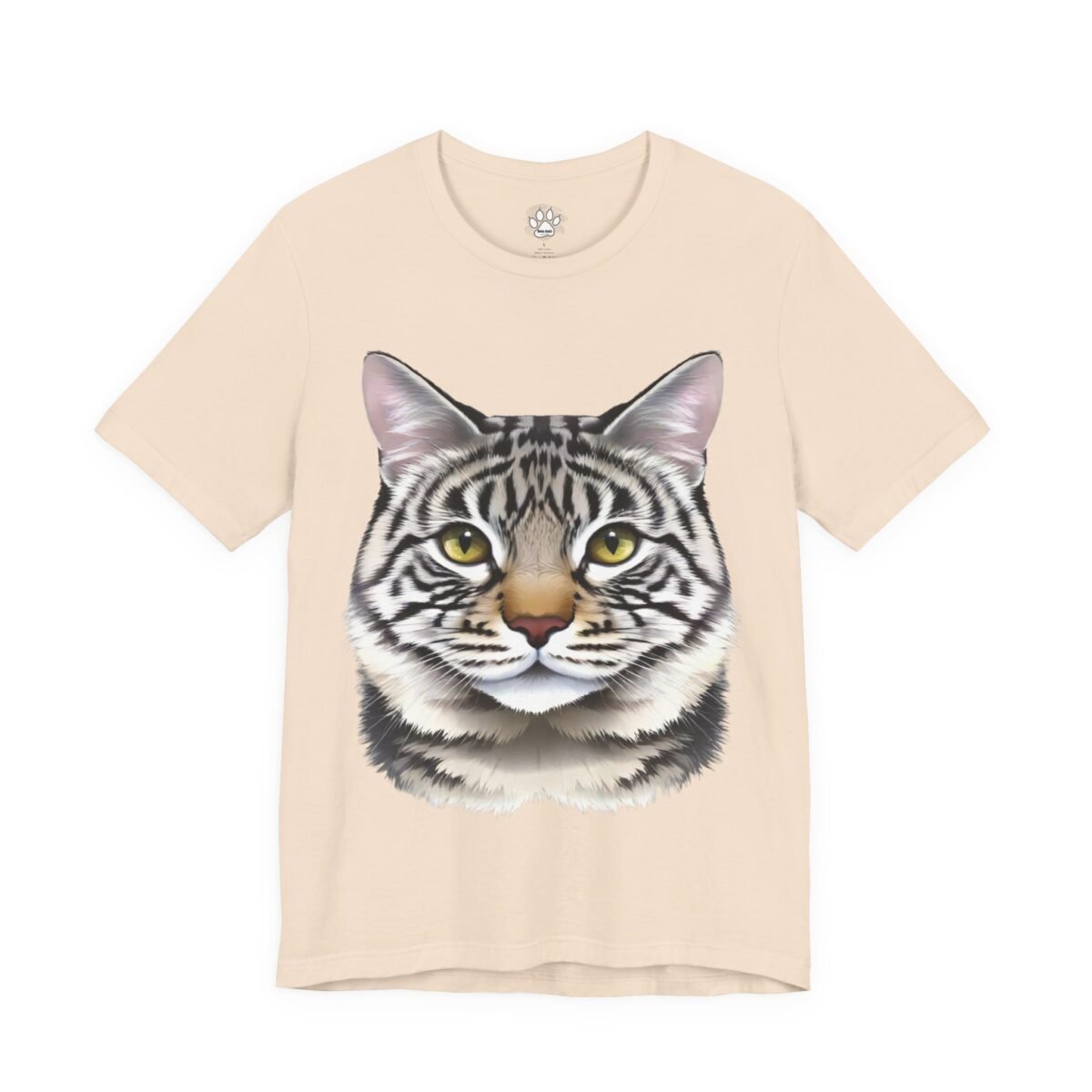 17026470829522385662_2048.jpeg Light beige t-shirt featuring a striped cat head with bright yellow eyes.