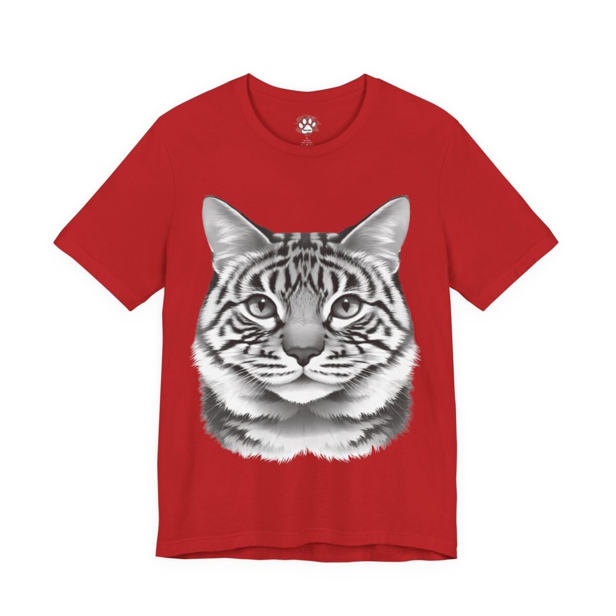 17067216991009198292_2048.jpeg Red t-shirt with a large grayscale striped cat head.