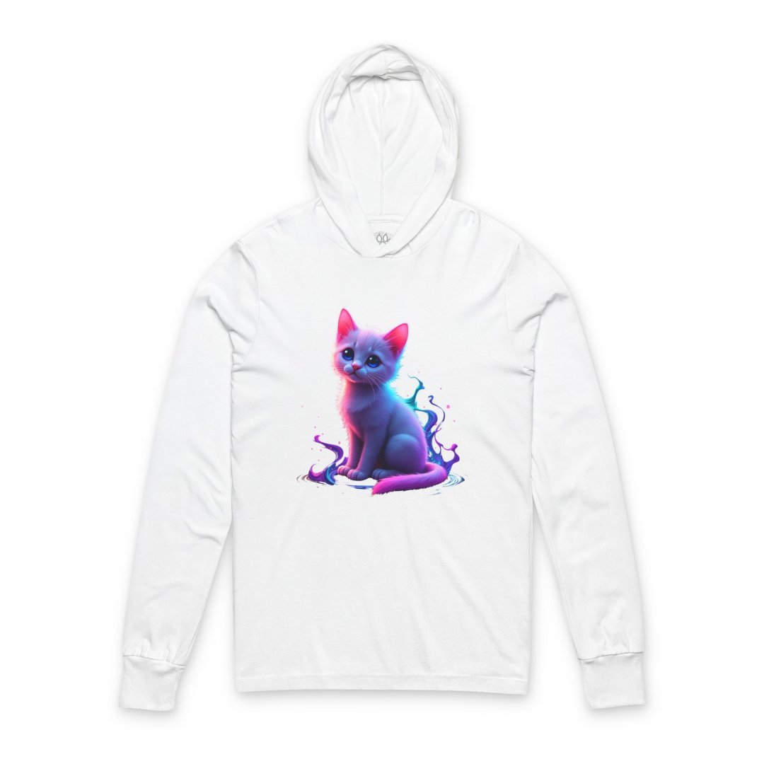 17293635071733352369_2048.jpeg White long-sleeve hooded shirt with a vibrant, neon-style kitten graphic.