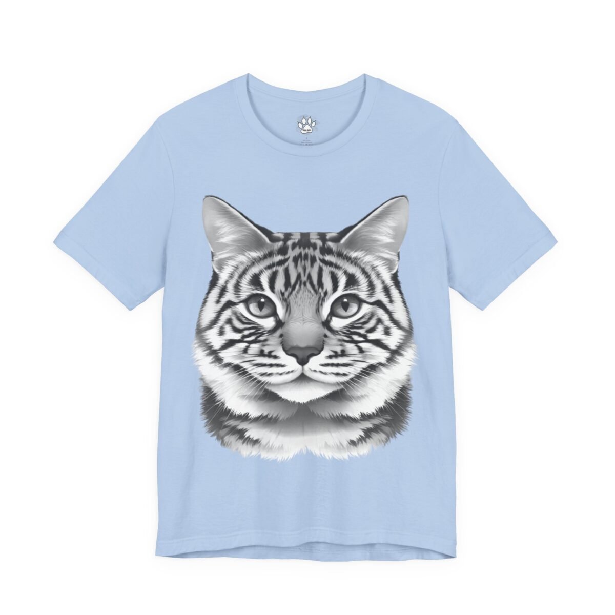 17438588662424885884_2048.jpeg Light blue t-shirt with a detailed black and white striped cat face.