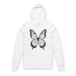 Butterfly Line Art Hooded Long Sleeve Tee Butterfly Line Art Hooded Long Sleeve Tee. White hoodie with a black butterfly design on the front.