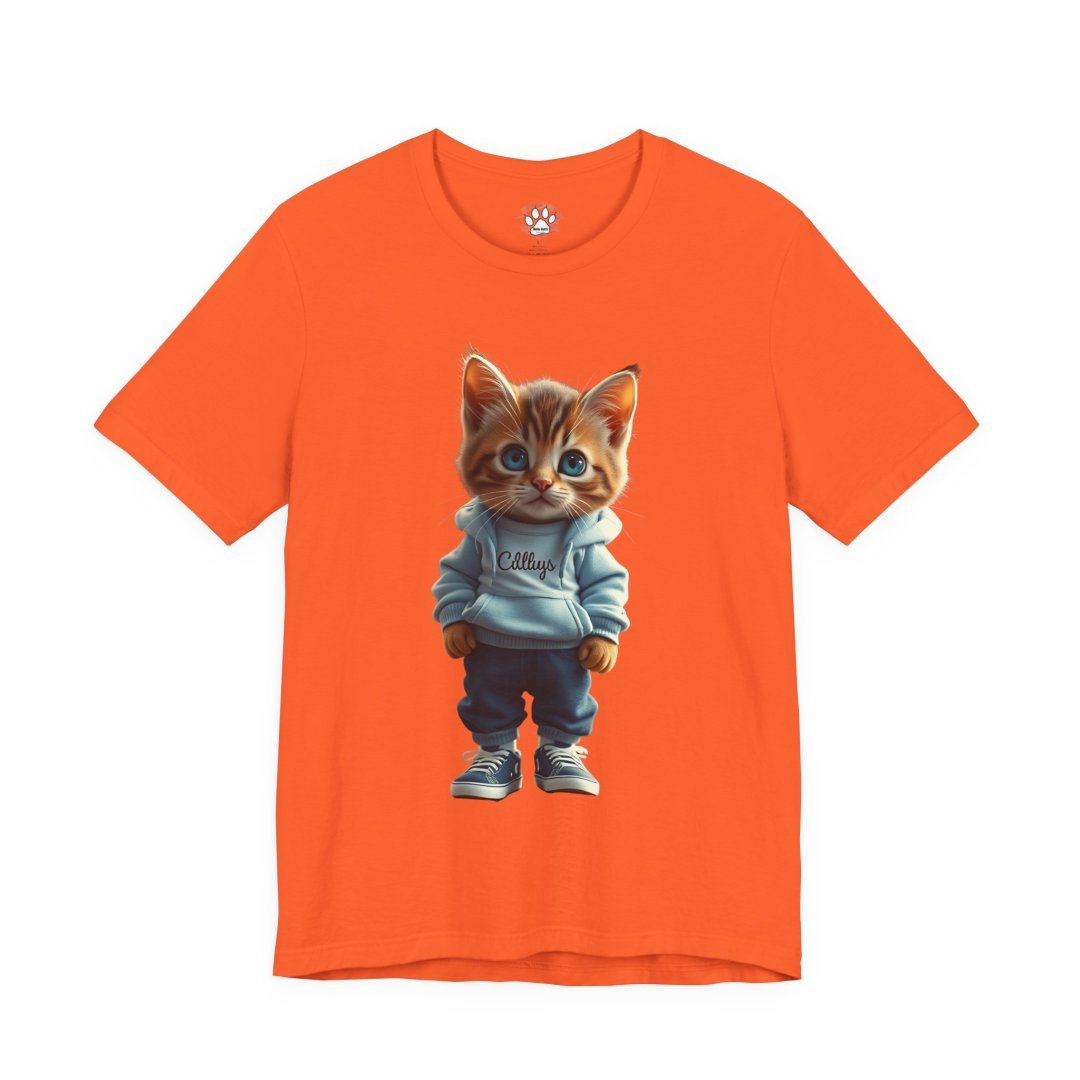 17525427120219247183_2048.jpeg Orange t-shirt with a cute kitten in a hoodie and sneakers.