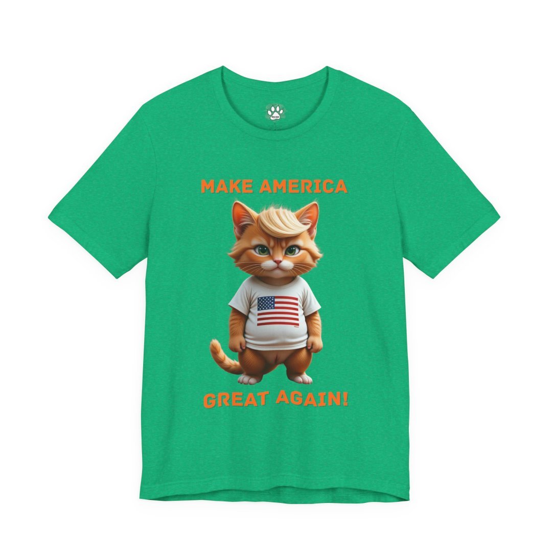 17637930363635680451_2048.jpeg Green t-shirt with a cartoon cat wearing an American flag shirt.
