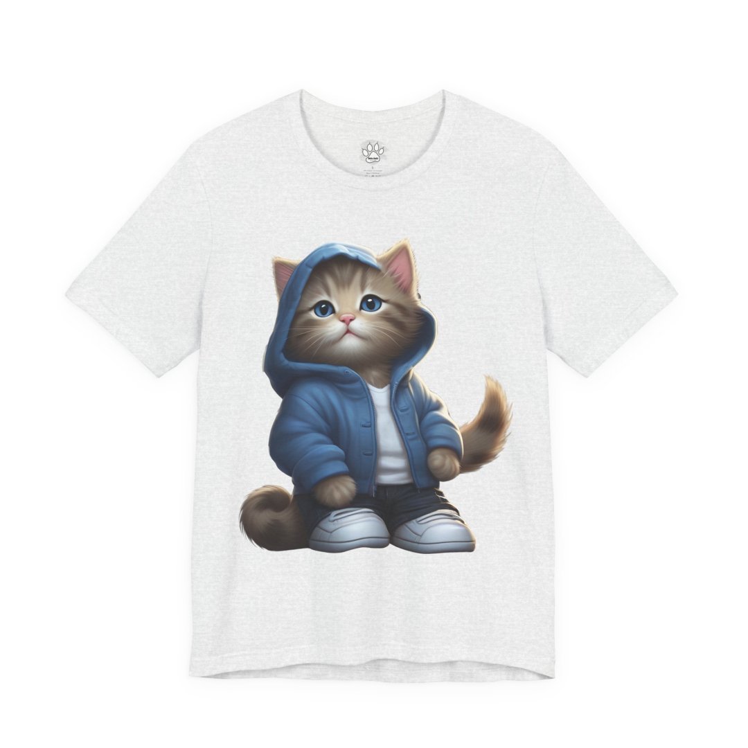 17657269316856063421_2048.jpeg T-shirt featuring a cute cat in a blue hoodie and sneakers.