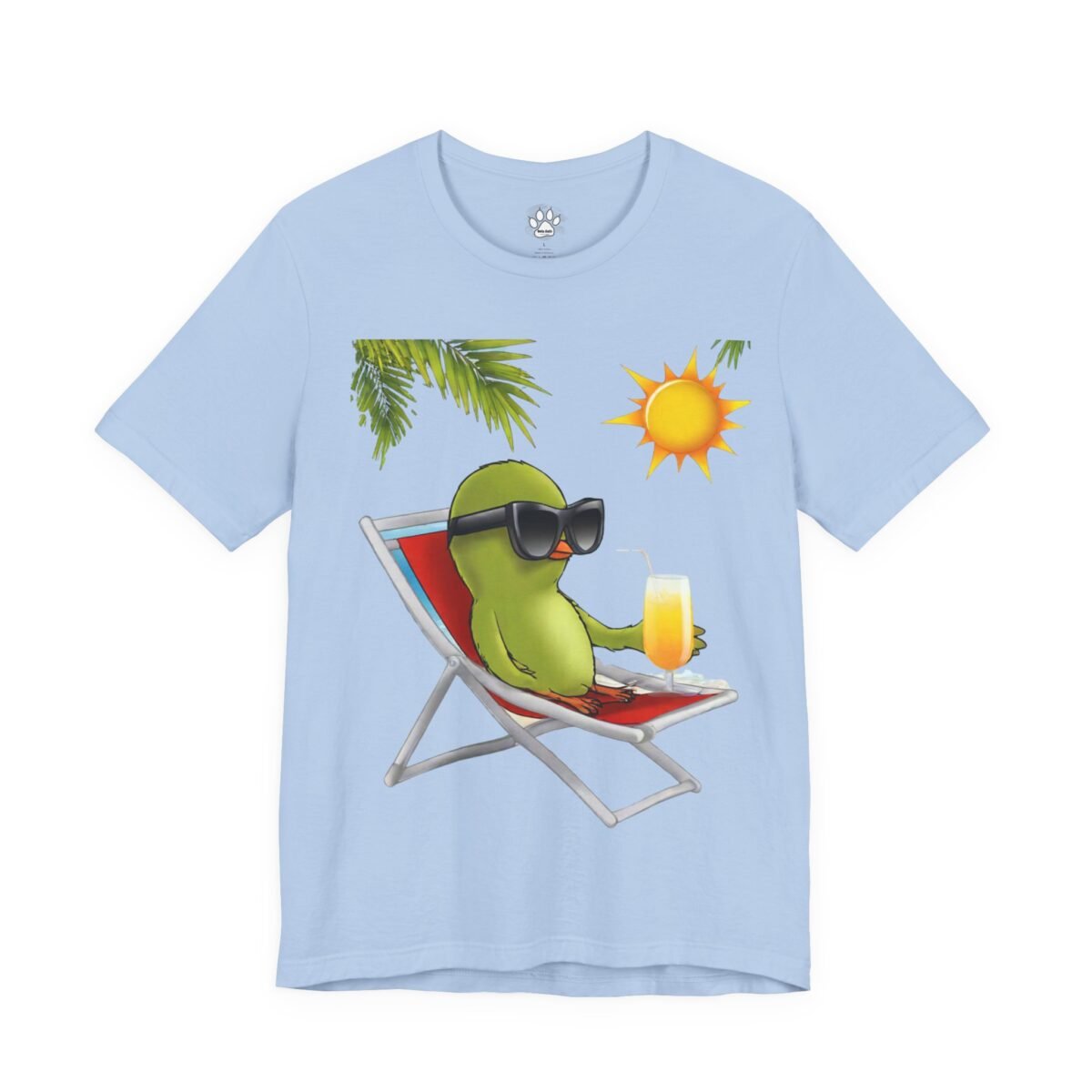 17746762448775849188_2048.jpeg Light blue t-shirt with a cartoon green bird in sunglasses relaxing in a beach chair with a drink.