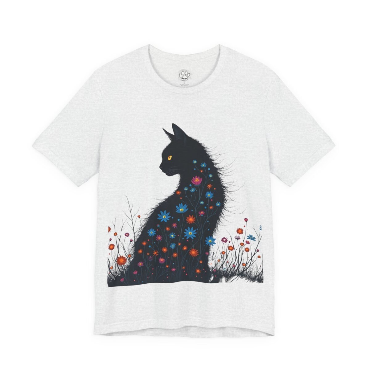 17759296765272703925_2048.jpeg Light grey t-shirt with a black cat silhouette adorned with colorful flowers.