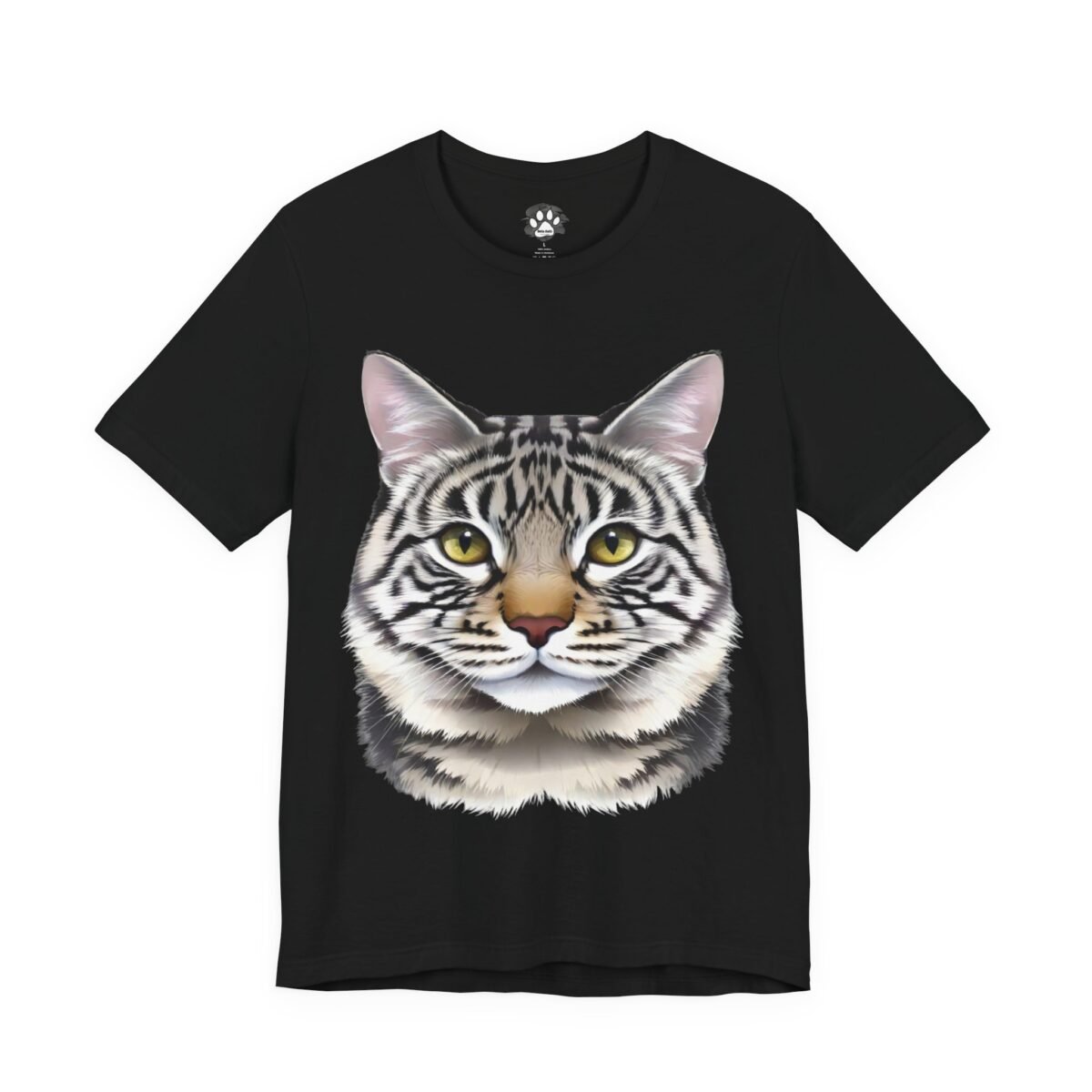 17907754465950114310_2048.jpeg Black t-shirt with a detailed graphic of a tabby cat's face with yellow eyes.