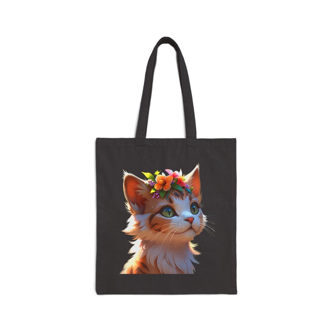 Floral Crown Kitten Tote Bag. Tote bag with a cute kitten wearing a flower crown.