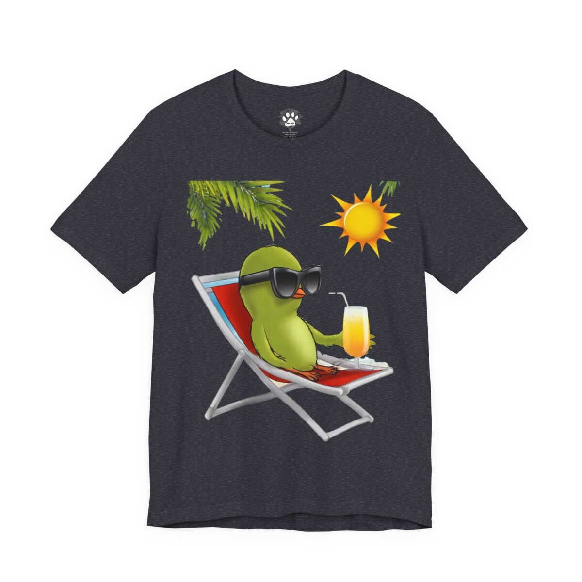 18103864731265275230_2048.jpeg Dark gray t-shirt featuring a green bird in sunglasses lounging in a beach chair with a drink.